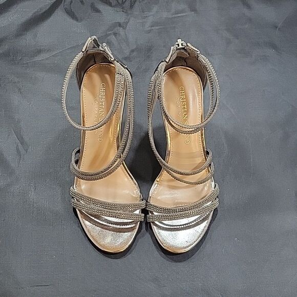 CHRISTIAN SIRIANO WOMEN'S PU ANKLE STRAP OPEN TOE RHINESTONE  HEELS SANDALS - Picture 4 of 14